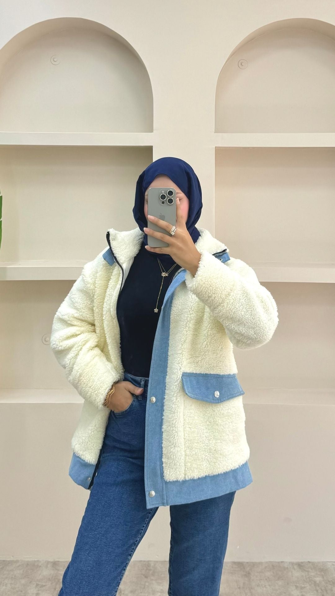 Kot Detaylı Peluş Ceket Beyaz