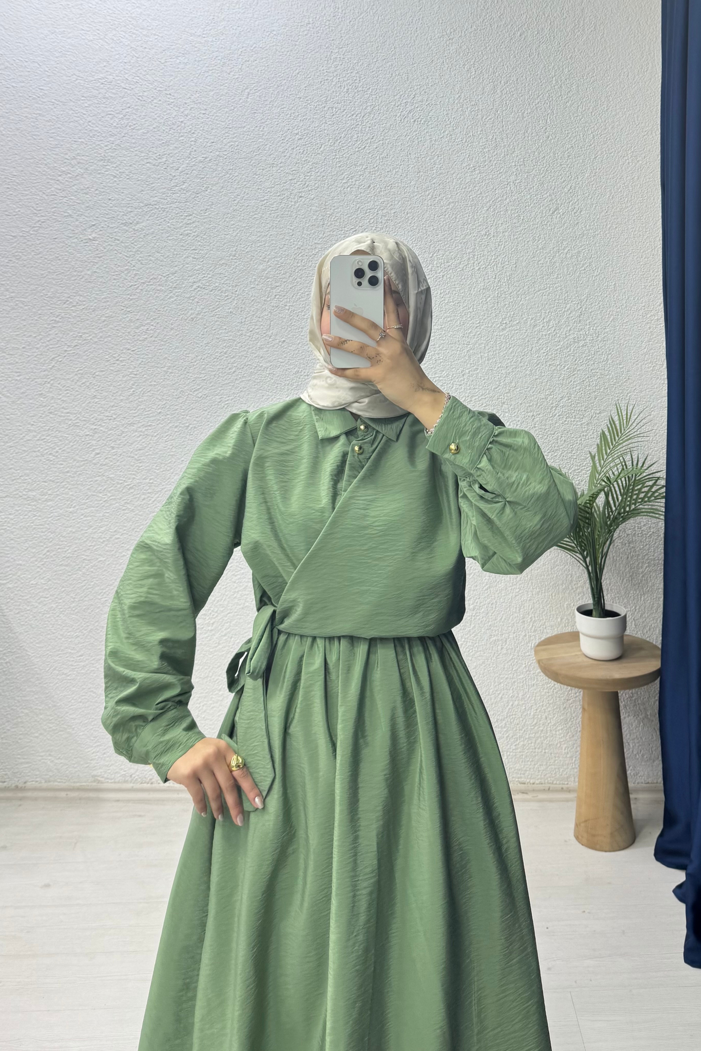 Bağlamalı Düğmeli Elbise Yeşil