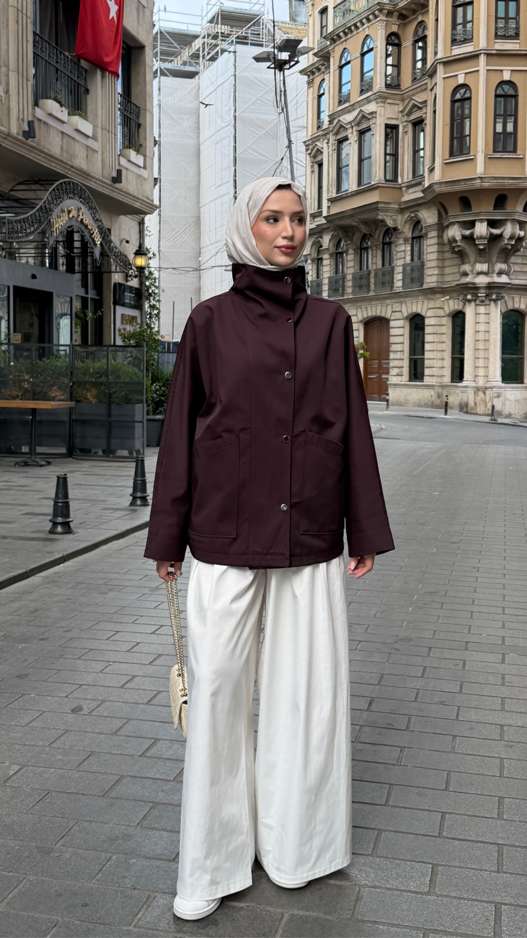 Çıt Çıtlı Trenç Kumaş Oversize Ceket Mürdüm