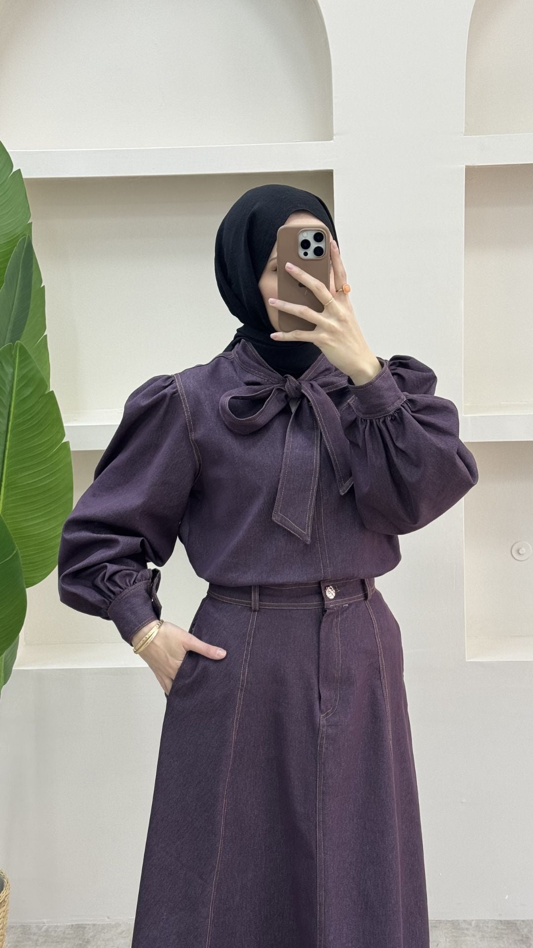 Fularlı Denim Takım Bordo