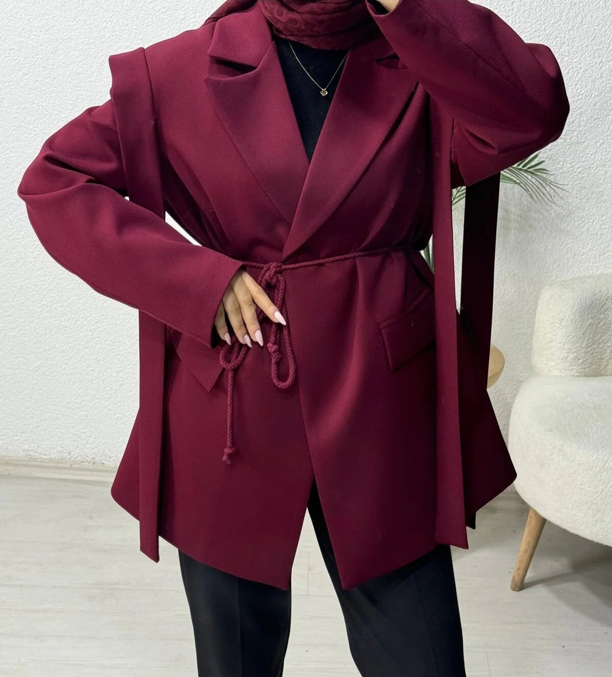Omuz Kuşaklı Blazer Ceket Bordo
