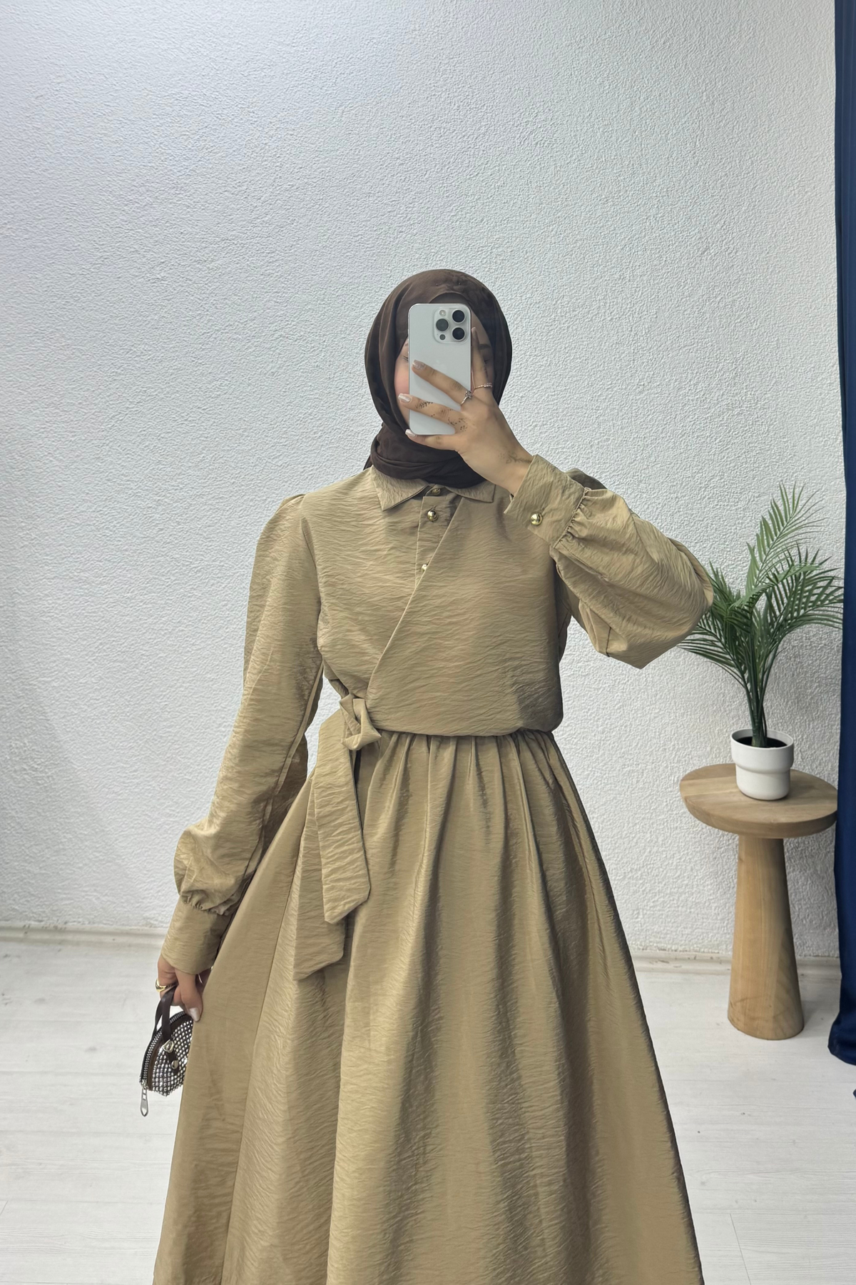 Bağlamalı Düğmeli Elbise Bej
