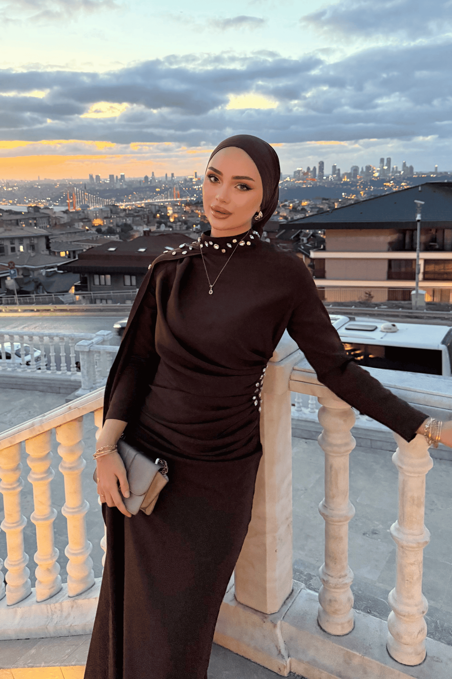 Serena Taşlı Abiye Kahverengi