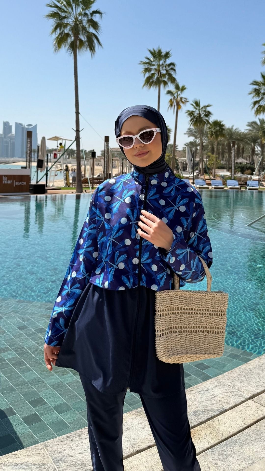 Doha Paraşüt Kumaş 3'lü Tam Kapalı Tesettür Mayo Lacivert Kelebek Desen