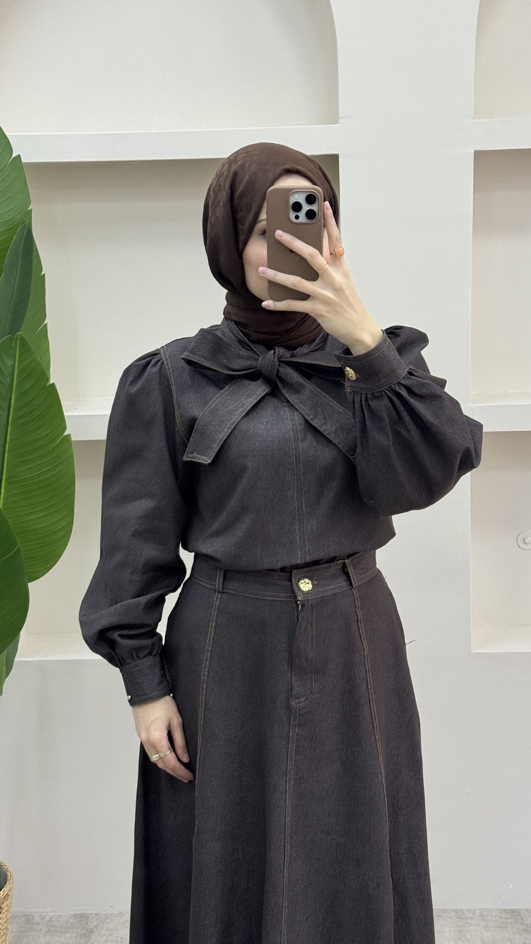 Fularlı Denim Takım Kahverengi