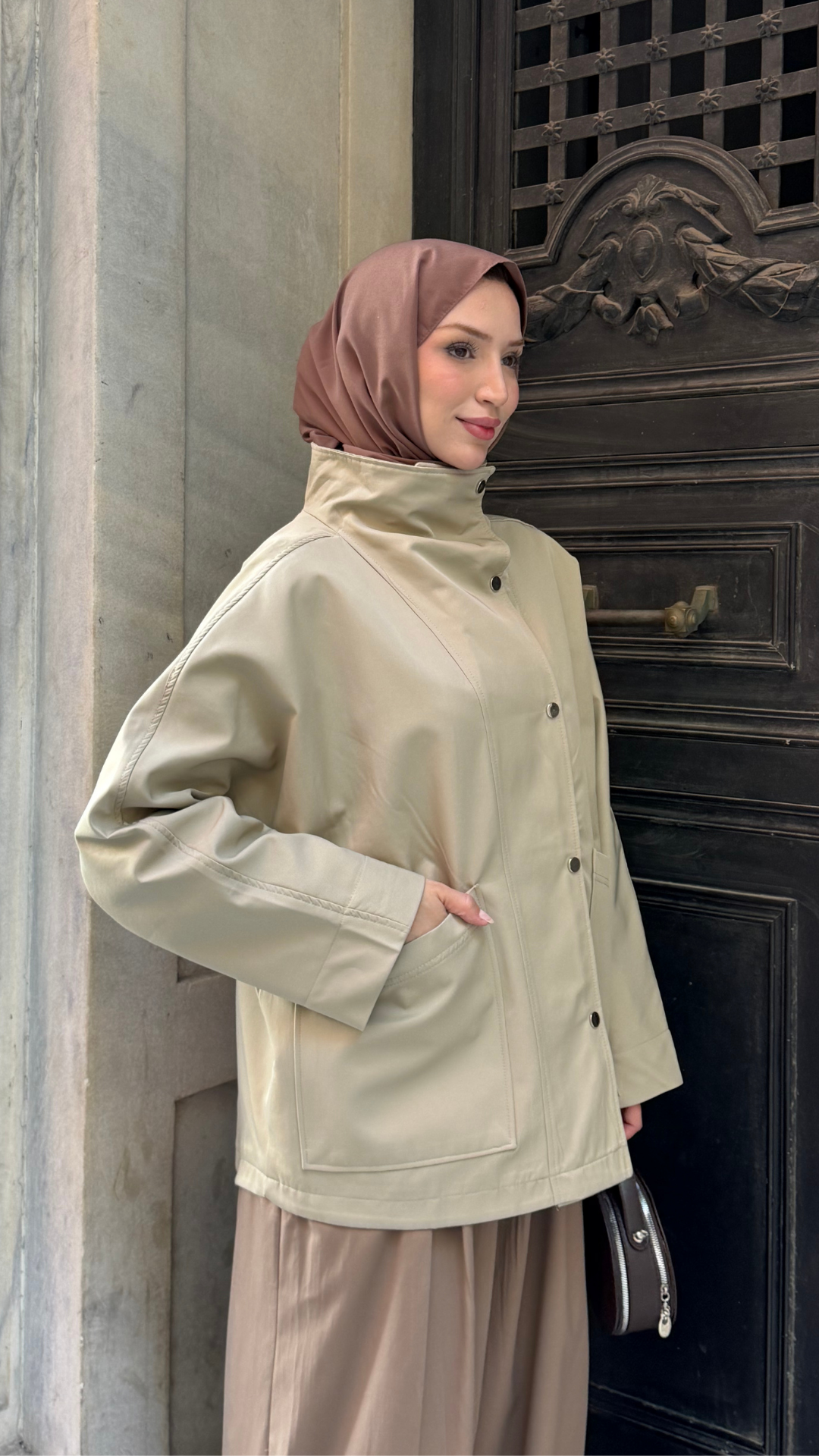 Çıt Çıtlı Trenç Kumaş Oversize Ceket Bej