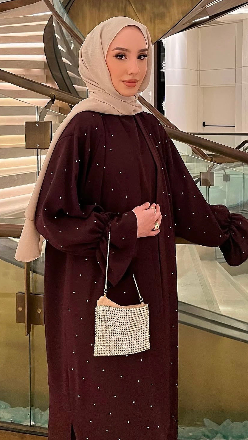 İkili Taşlı Abaya Takım Mürdüm