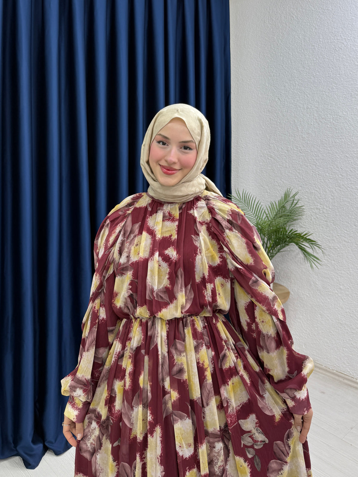 Baskı Detaylı Şifon Elbise Bordo