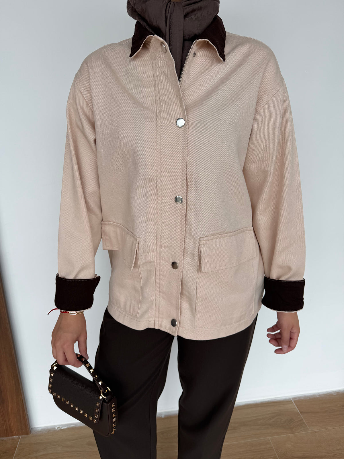 Lurex Garnili Çıtçıtlı Gabardin Ceket Bej