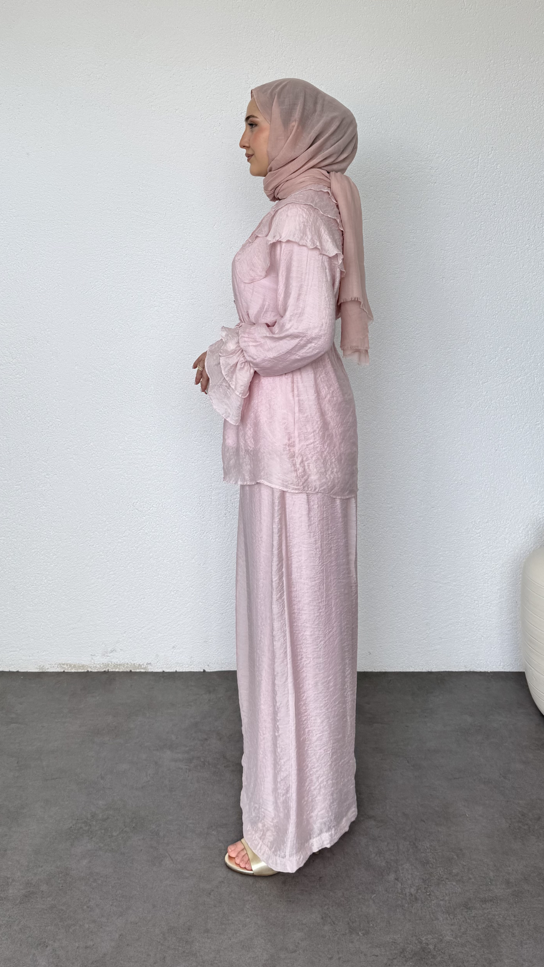 Bebe Yaka Salaş Pantolonlu Takım Toz Pembe