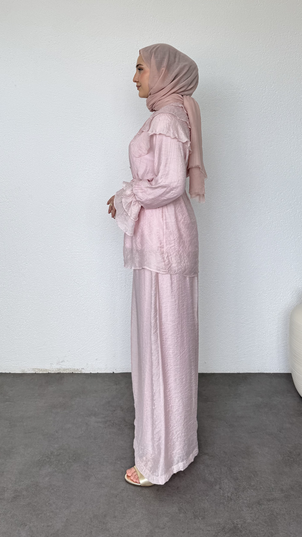 Bebe Yaka Salaş Pantolonlu Takım Toz Pembe