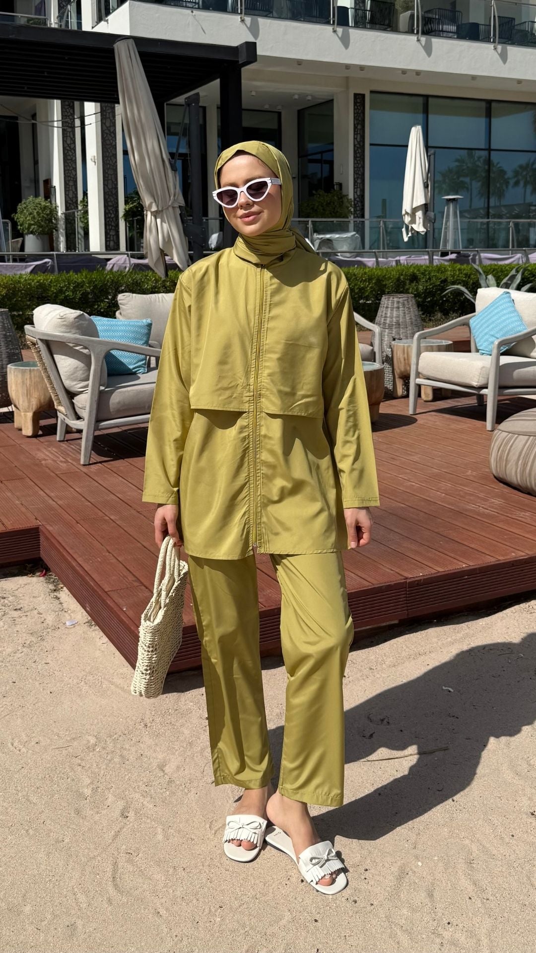 Doha Paraşüt Kumaş 3'lü Tam Kapalı Tesettür Mayo Yağ Yeşili