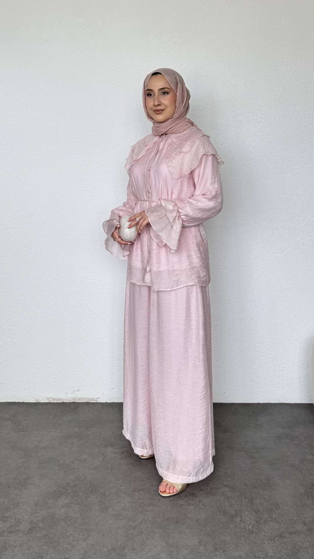 Bebe Yaka Salaş Pantolonlu Takım Toz Pembe