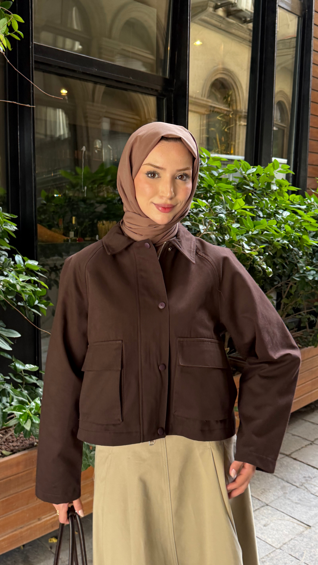 Kısa Astarlı Gabardin Kumaş Ceket Kahverengi