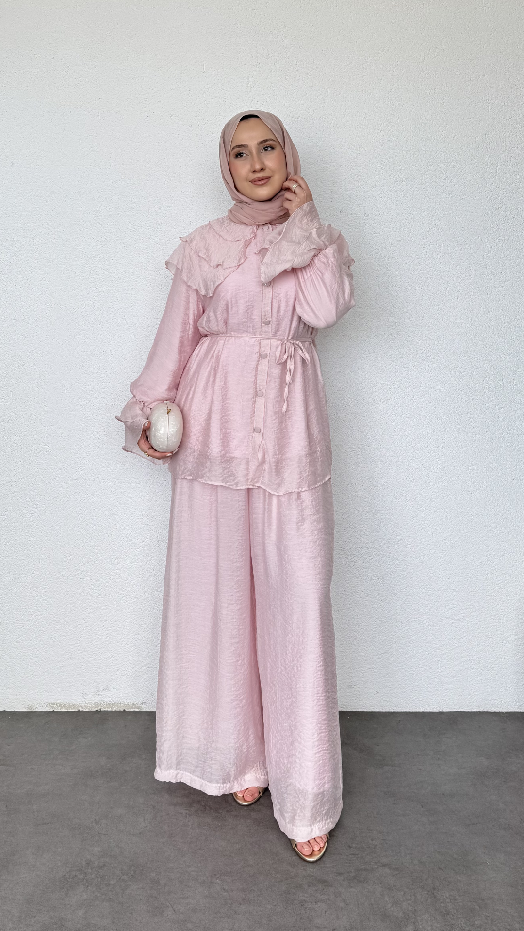 Bebe Yaka Salaş Pantolonlu Takım Toz Pembe