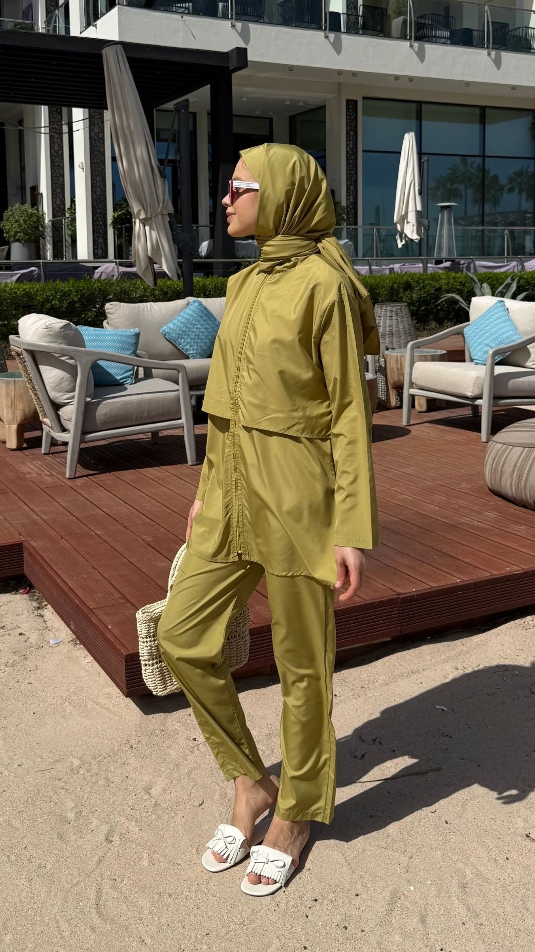 Doha Paraşüt Kumaş 3'lü Tam Kapalı Tesettür Mayo Yağ Yeşili