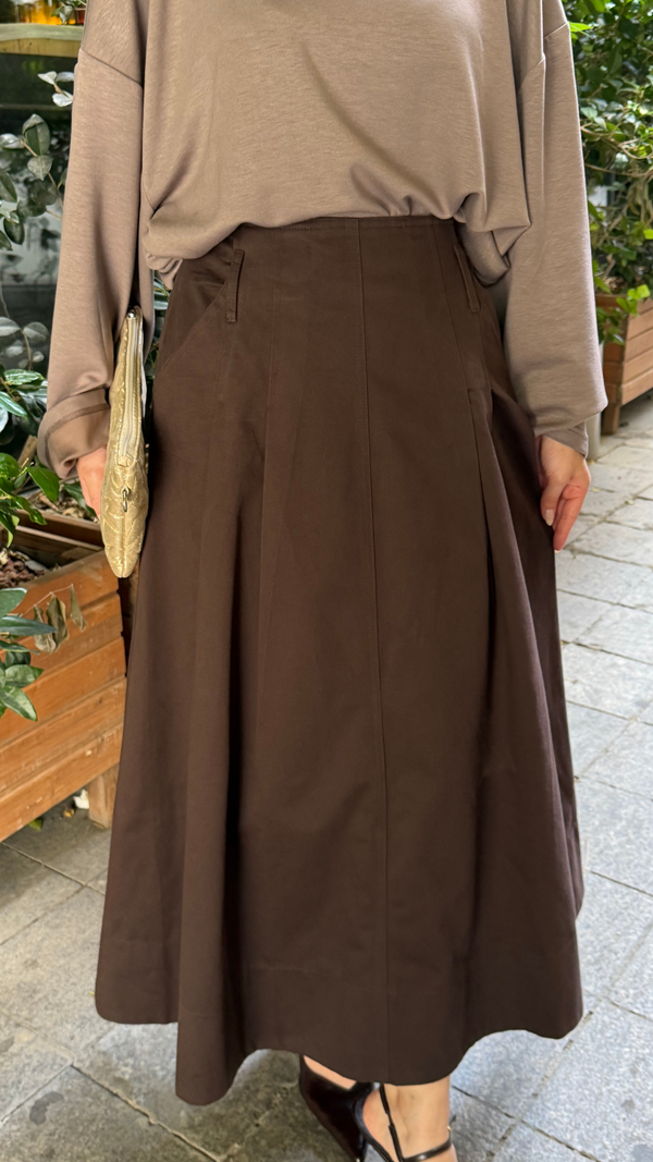 Bağcıklı Pileli Gabardin Kumaş Etek Kahverengi