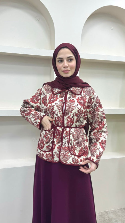 Bağlamalı Etnik Desen Kısa Ceket Bordo