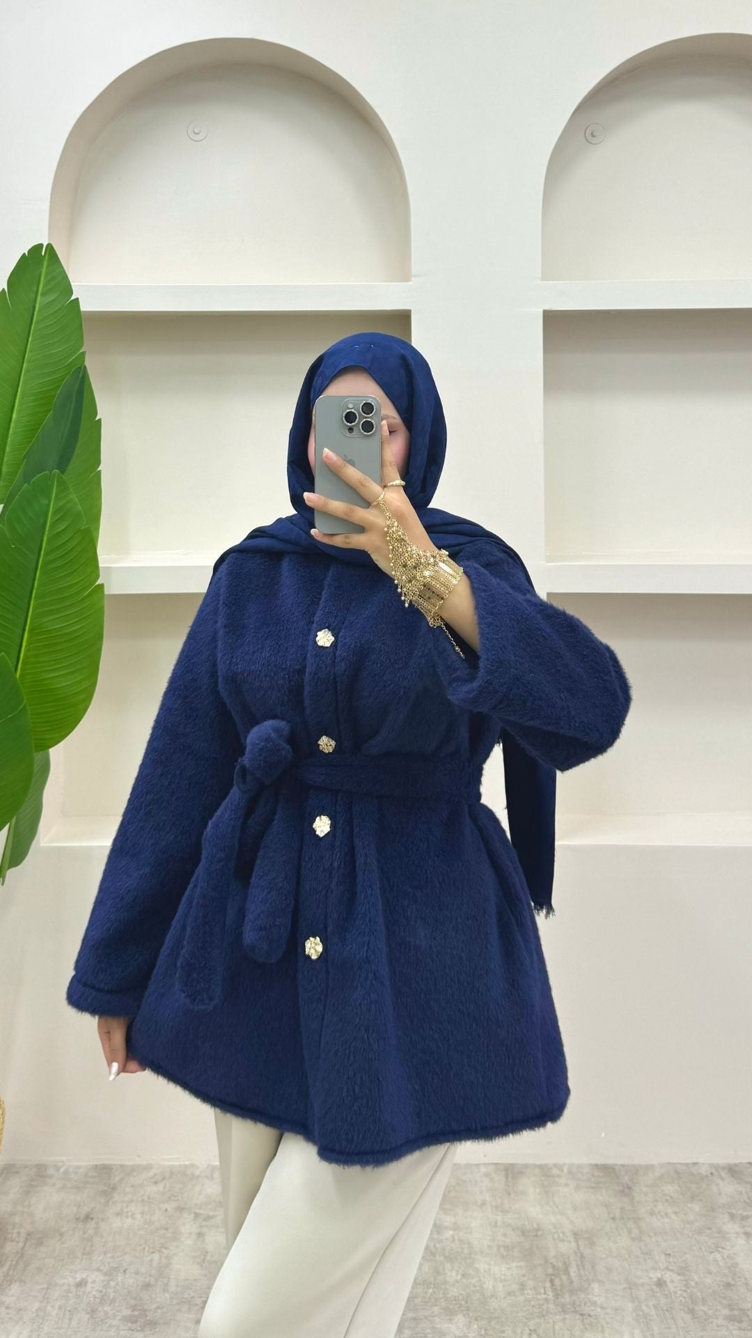 Gold Düğmeli Peluş Ceket Lacivert