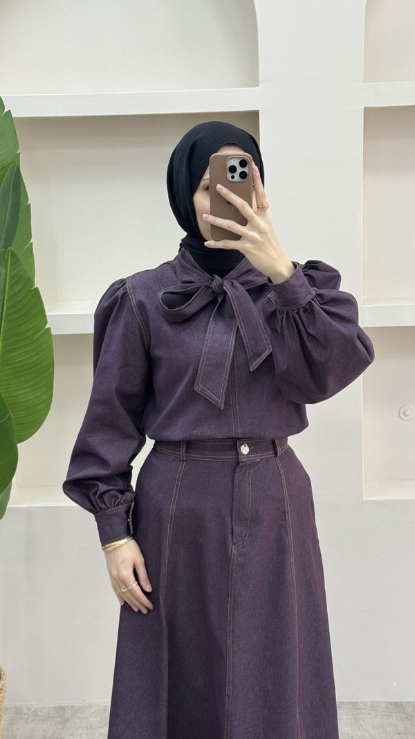 Fularlı Denim Takım Bordo