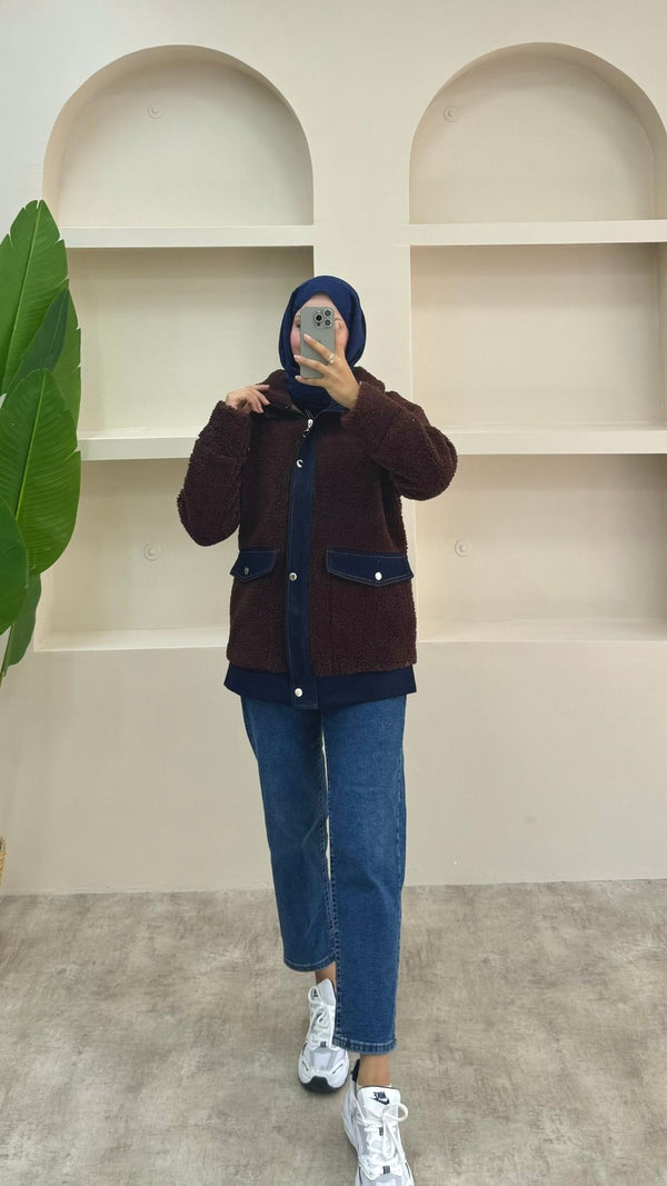 Kot Detaylı Peluş Ceket Kahverengi