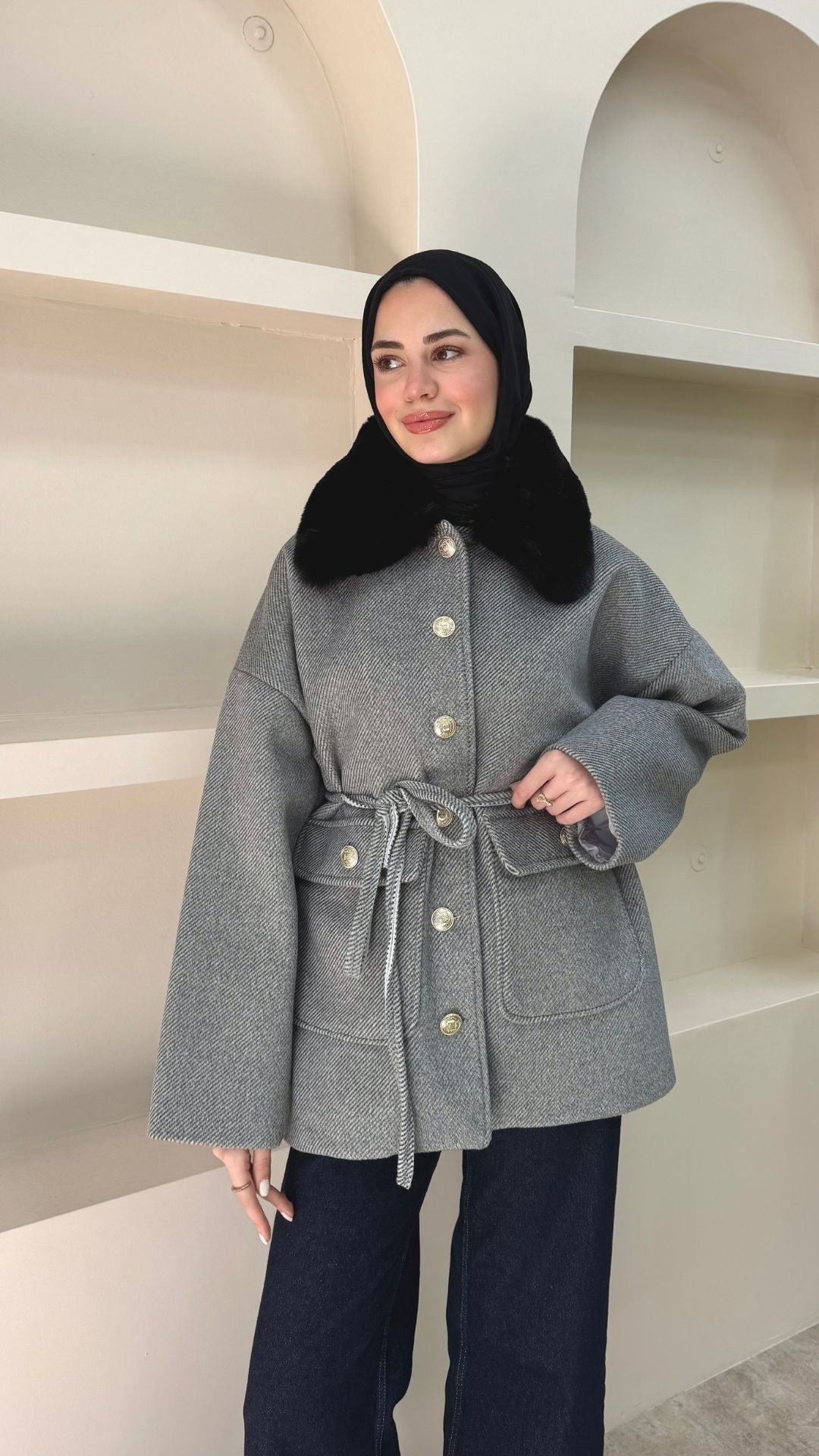 Yakası Kürklü Kaşe Kaban Antırasit