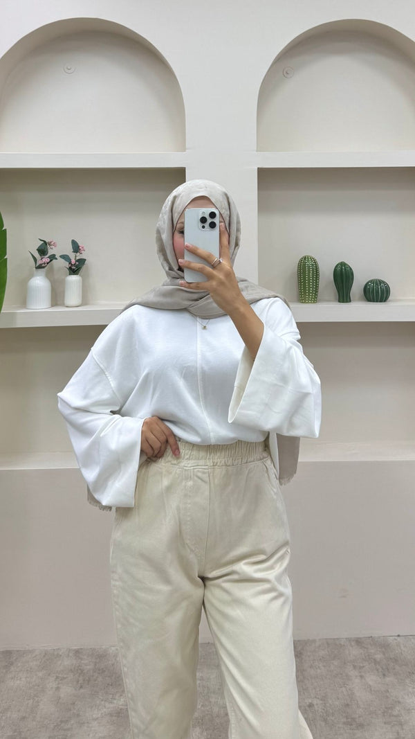 Beli Lastikli Geniş Kesim Mom Jeans Krem