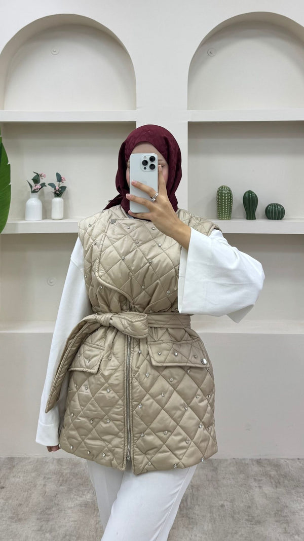 Taşlı Bağlamalı Yelek Krem