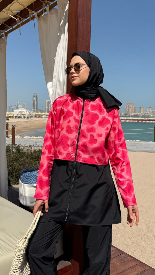 Doha Paraşüt Kumaş 3'lü Tam Kapalı Tesettür Mayo Siyah Benekli Fuşya Desen