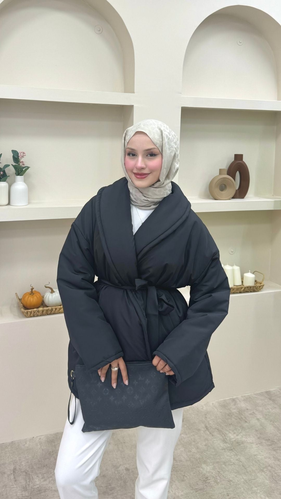 Şal Yaka Kemerli Mont Siyah