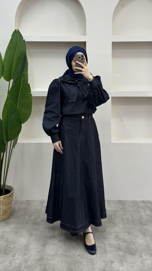Fularlı Denim Takım Lacivert