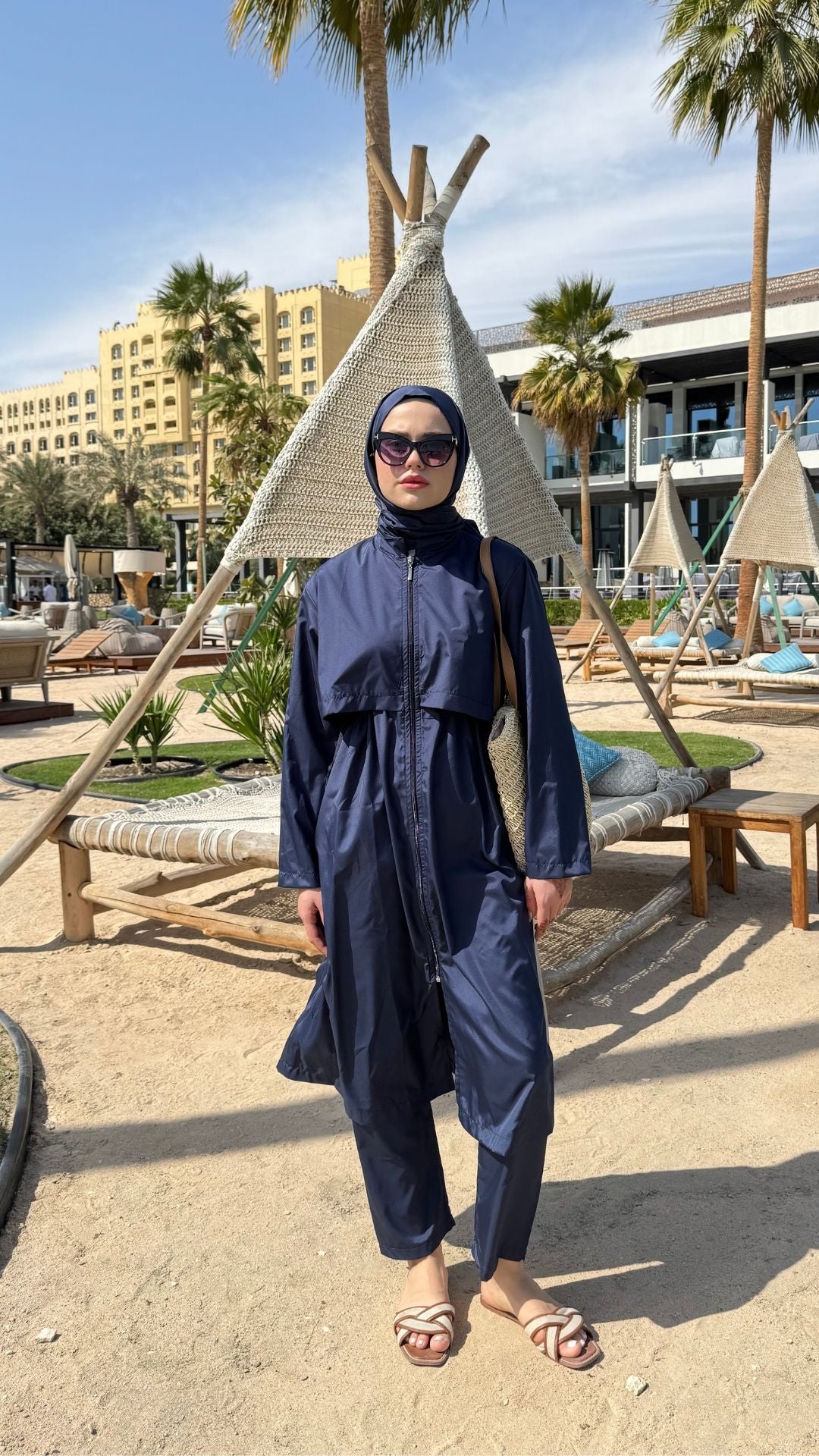 Paraşüt Kumaş Uzun Tesettür Mayo Lacivert