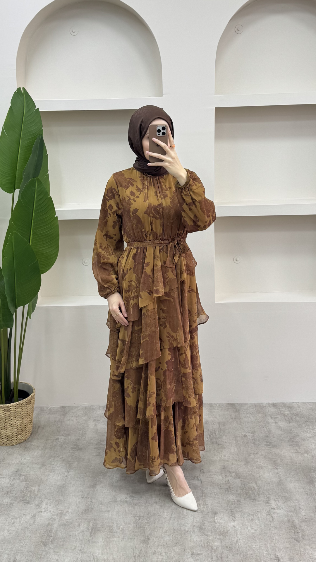 Kat Kat Şifon Elbise Hardal Sarısı