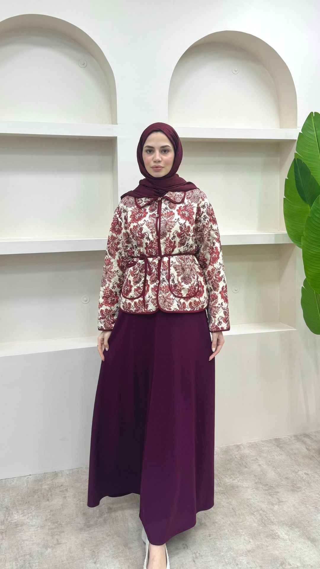 Bağlamalı Etnik Desen Kısa Ceket Bordo