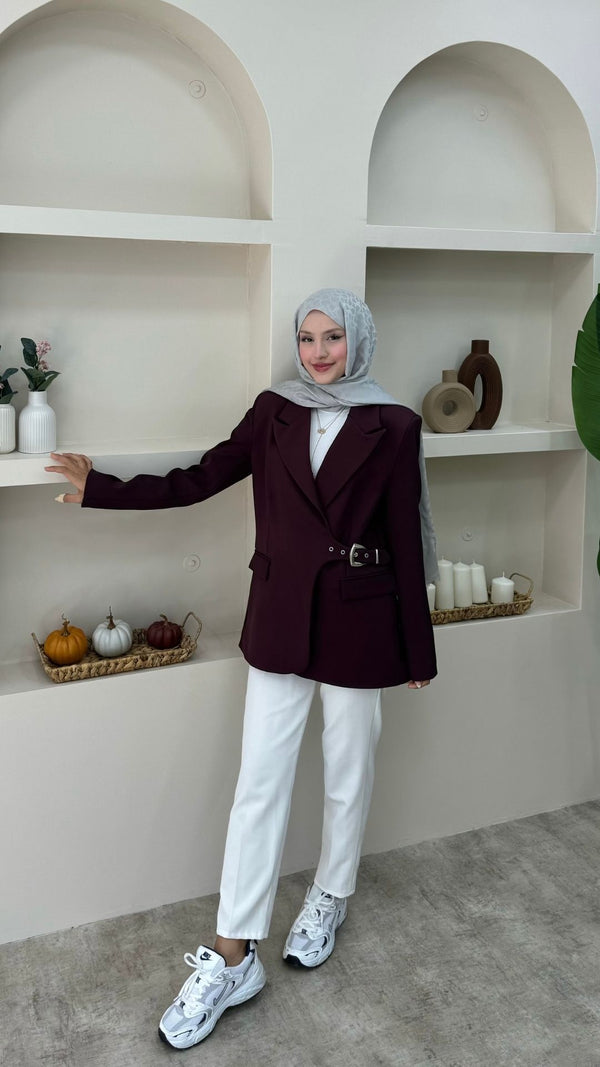 Yandan Kemer Detaylı Blazer Ceket Bordo