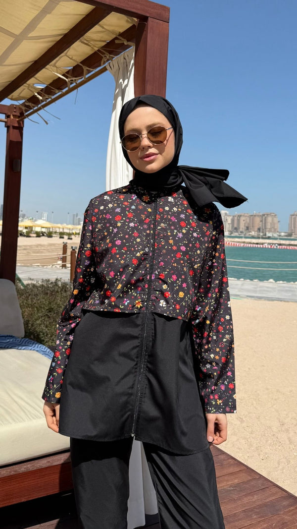 Doha Paraşüt Kumaş 3'lü Tam Kapalı Tesettür Mayo Siyah Koyu Çiçek Desen