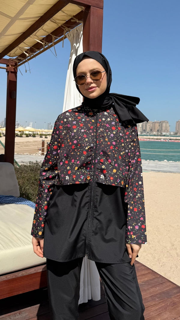 Doha Paraşüt Kumaş 3'lü Tam Kapalı Tesettür Mayo Siyah Koyu Çiçek Desen