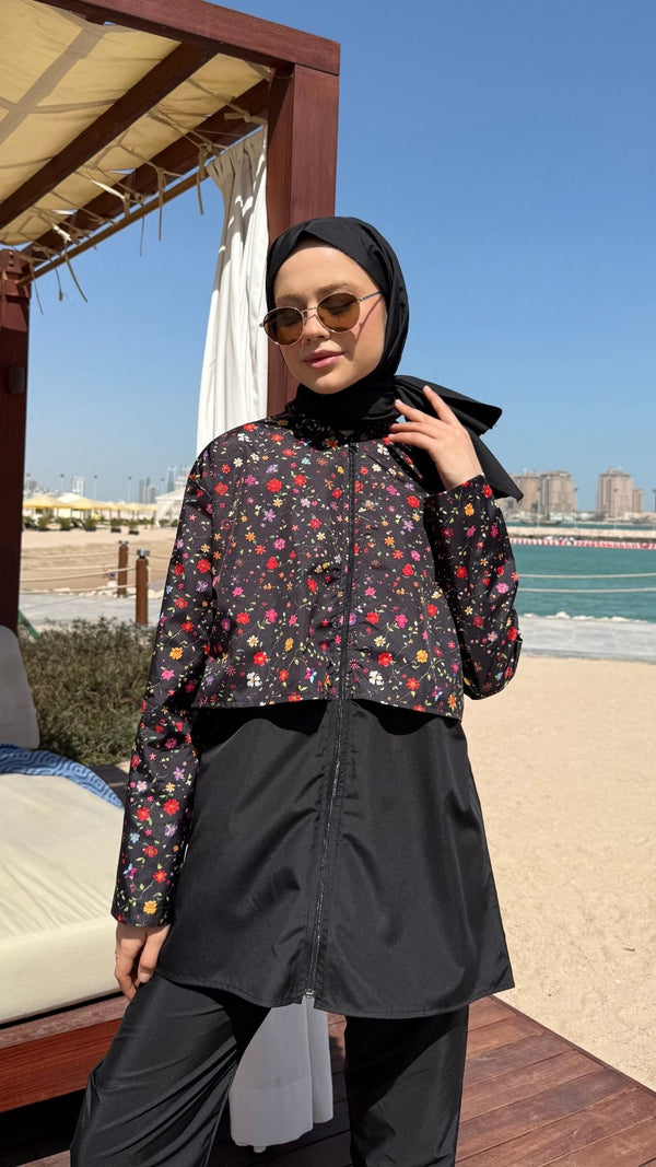 Doha Paraşüt Kumaş 3'lü Tam Kapalı Tesettür Mayo Siyah Koyu Çiçek Desen
