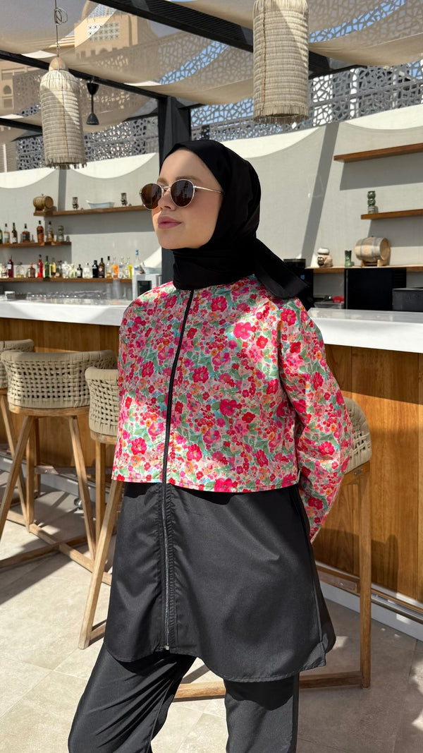 Doha Paraşüt Kumaş 3'lü Tam Kapalı Tesettür Mayo Siyah Beyaz Çiçek Desen