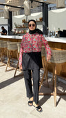 Doha Paraşüt Kumaş 3'lü Tam Kapalı Tesettür Mayo Siyah Beyaz Çiçek Desen