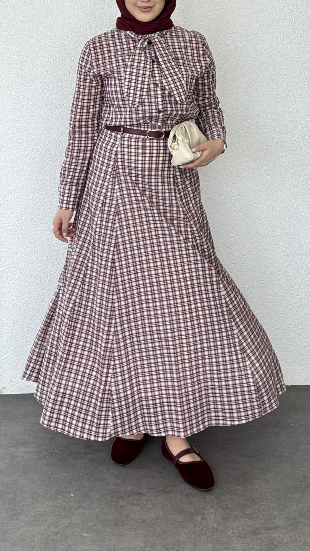 Ekose Desen Etekli Takım Bordo