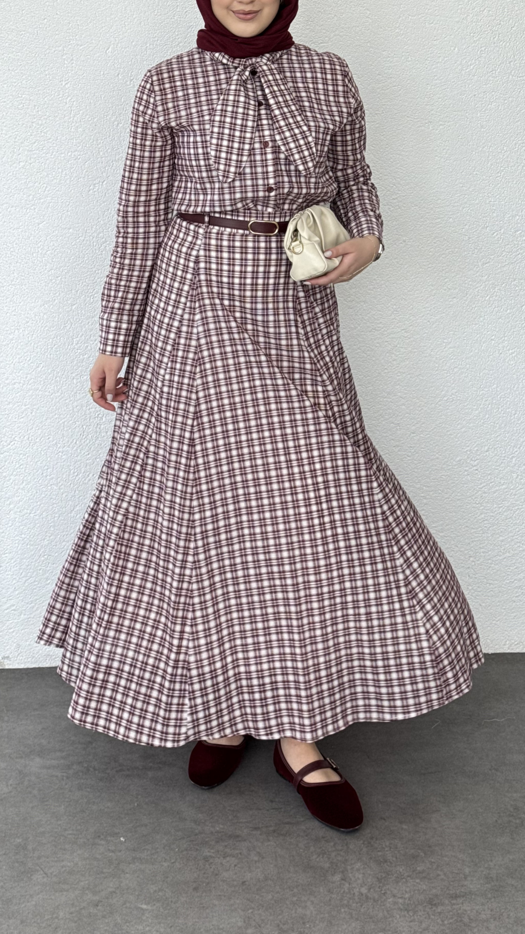 Ekose Desen Etekli Takım Bordo