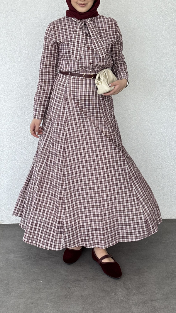 Ekose Desen Etekli Takım Bordo