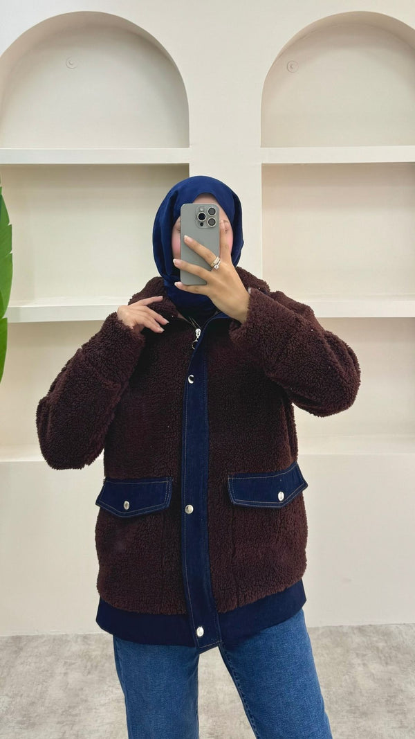 Kot Detaylı Peluş Ceket Kahverengi