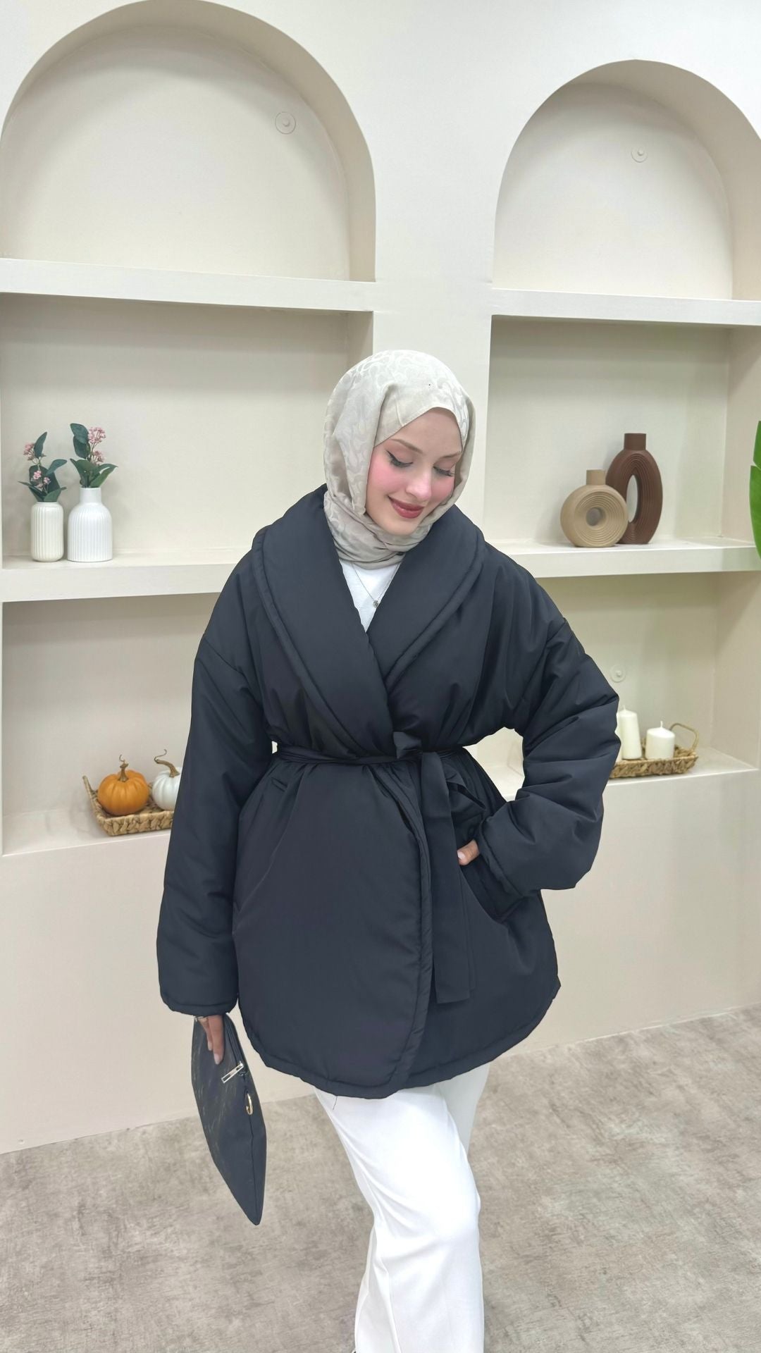 Şal Yaka Kemerli Mont Siyah