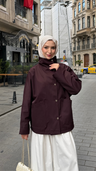 Çıt Çıtlı Trenç Kumaş Oversize Ceket Mürdüm