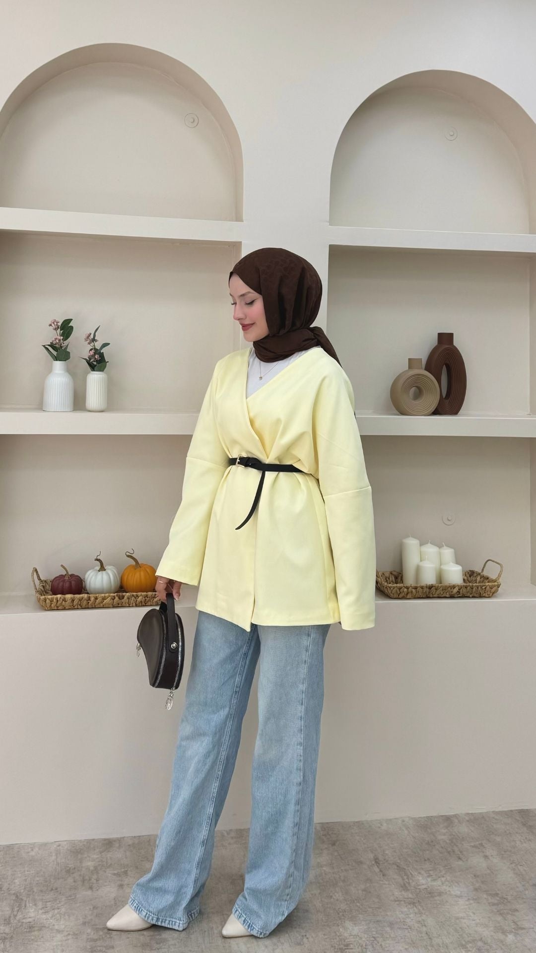 Kruvaze Yaka Kemerli Blazer Ceket Sarı