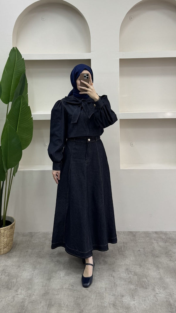 Fularlı Denim Takım Lacivert