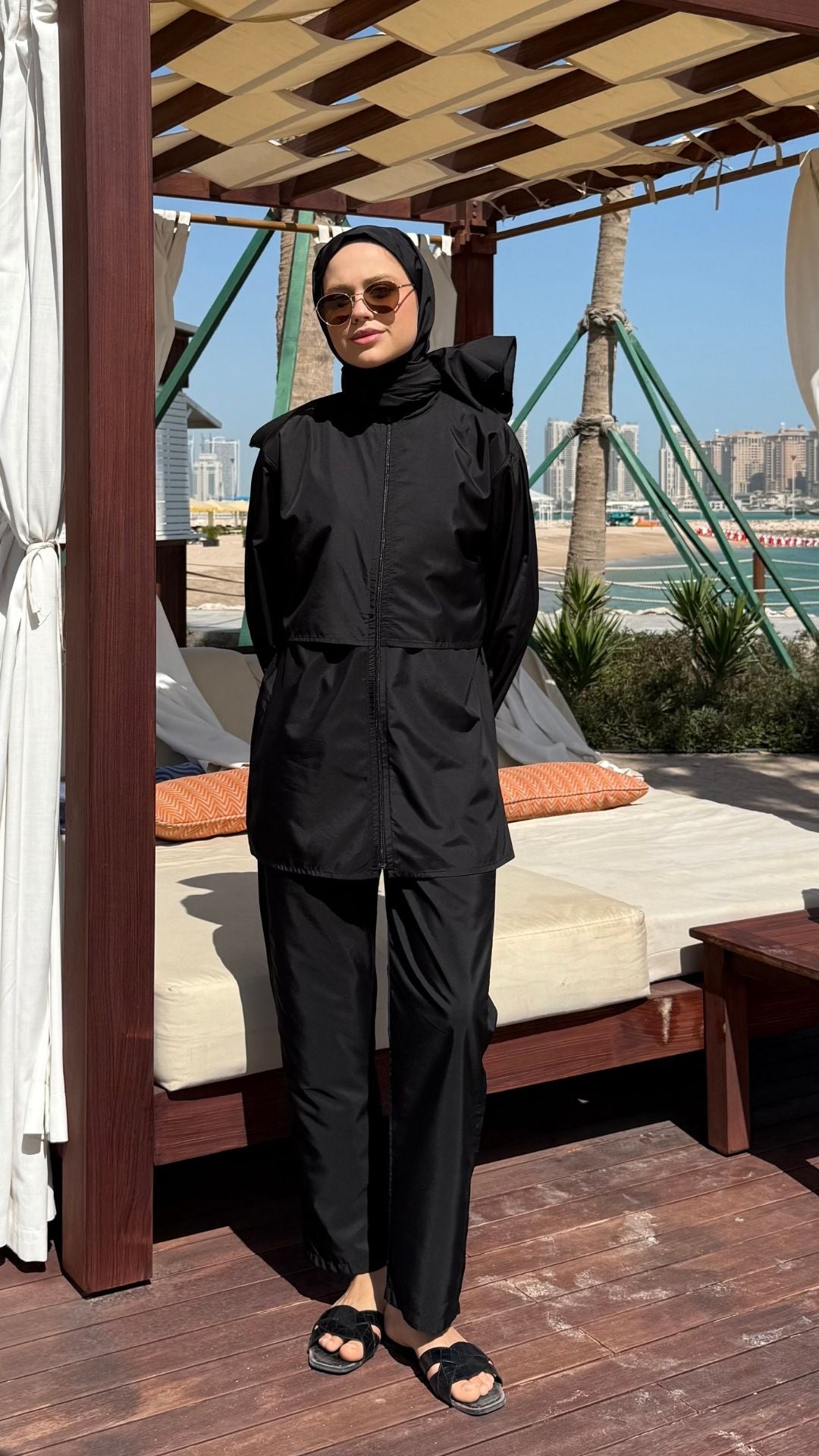 Doha Paraşüt Kumaş 3'lü Tam Kapalı Tesettür Mayo Siyah