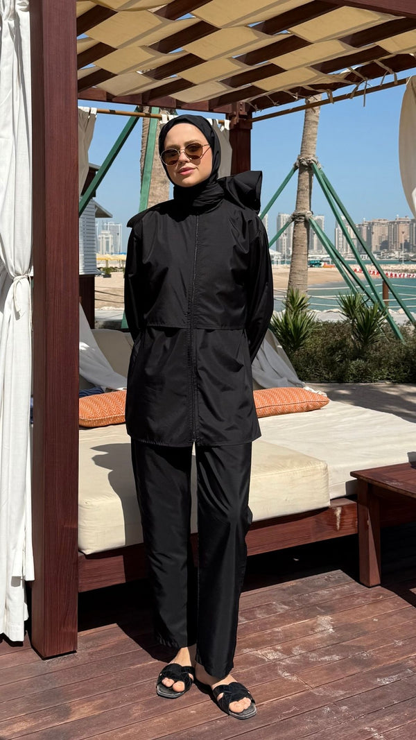 Doha Paraşüt Kumaş 3'lü Tam Kapalı Tesettür Mayo Siyah